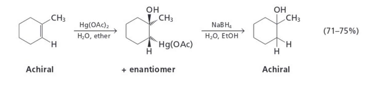 CH3
H
Achiral
Hg(OAc)2
H₂O, ether
OH
CH3
Hg(OAc)
+ enantiomer
NaB H₁
H₂O, EtOH
OH
CH3
H
Achiral
(71-75%)