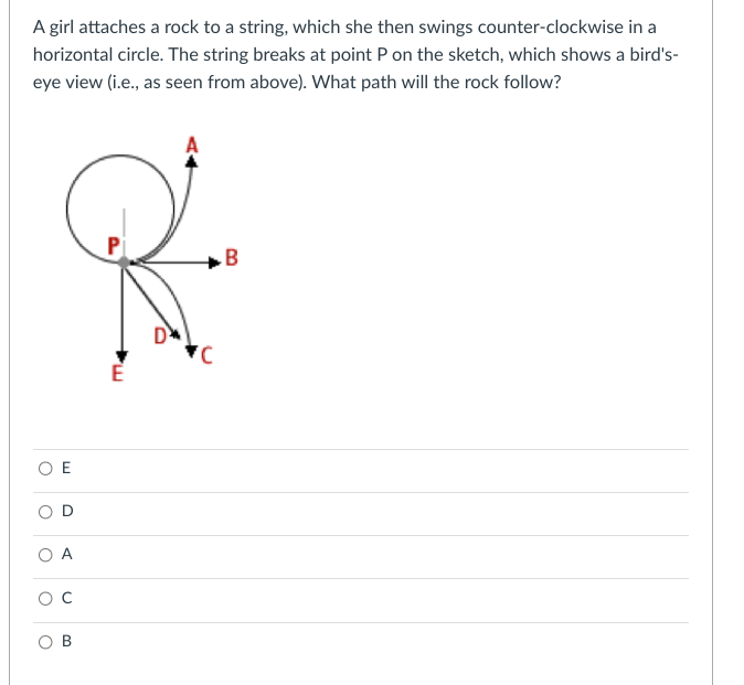A girl attaches a rock to a string, which she then swings counter-clockwise in a
horizontal circle. The string breaks at point P on the sketch, which shows a bird's-
eye view (i.e., as seen from above). What path will the rock follow?
Ο Ε
O
U
O
O
O
A
P
MA
B