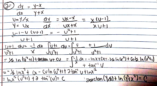 (-) dy = y-X
dx
×+人
ay
ax
こ UX-X
UX +X
し+」
Y= Ux
三
UtI
futi
+dv
メ
Ju*ti
=Y% Inlu?+i)+ arctan ut QV
こ
+ tan' V
=-% Inx't cx - culn (u*+it 2 tan' utInx?
E Inx? (u?ti) t ə tañ'cu)= C
garetan ()+ In (x')= C
