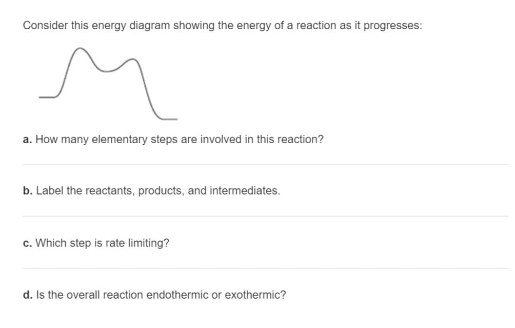 Consider this energy diagram showing the energy of a reaction as it progresses:
a. How many elementary steps are involved in this reaction?
b. Label the reactants, products, and intermediates.
c. Which step is rate limiting?
d. Is the overall reaction endothermic or exothermic?
