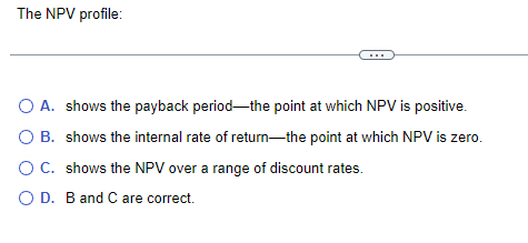 The NPV profile:
O A. shows the payback period the point at which NPV is positive.
O B. shows the internal rate of return the point at which NPV is zero.
OC. shows the NPV over a range of discount rates.
O D. B and C are correct.