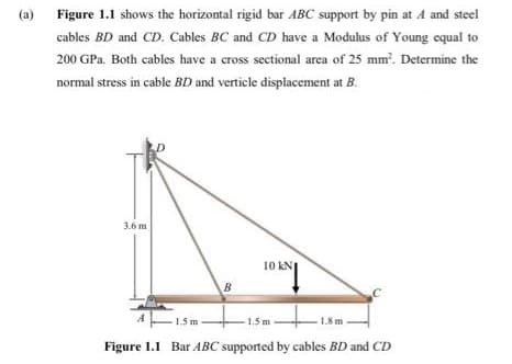 (a) Figure 1.1 shows the horizontal rigid bar ABC support by pin at 4 and steel
cables BD and CD. Cables BC and CD have a Modulus of Young equal to
200 GPa. Both cables have a cross sectional area of 25 mm. Determine the
normal stress in cable BD and verticle displacement at B.
3.6 m
10 kN
B
1.5 m
-15 m
1.8 m
Figure 1.1 Bar ABC supported by cables BD and CD
