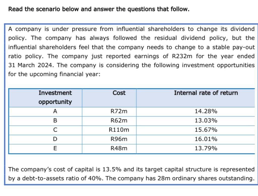 Read the scenario below and answer the questions that follow.
A company is under pressure from influential shareholders to change its dividend
policy. The company has always followed the residual dividend policy, but the
influential shareholders feel that the company needs to change to a stable pay-out
ratio policy. The company just reported earnings of R232m for the year ended
31 March 2024. The company is considering the following investment opportunities
for the upcoming financial year:
Investment
opportunity
A
BUD
C
E
Cost
R72m
R62m
R110m
R96m
R48m
Internal rate of return
14.28%
13.03%
15.67%
16.01%
13.79%
The company's cost of capital is 13.5% and its target capital structure is represented
by a debt-to-assets ratio of 40%. The company has 28m ordinary shares outstanding.