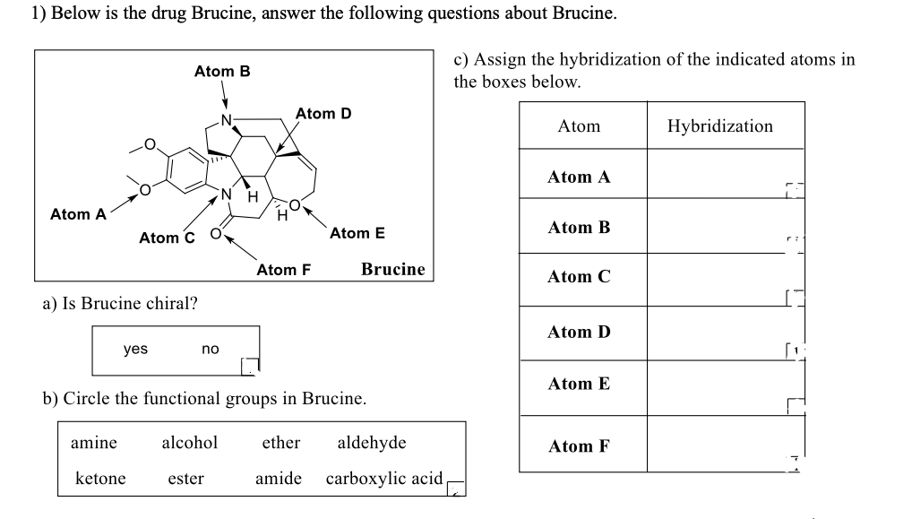 1) Below is the drug Brucine, answer the following questions about Brucine.
c) Assign the hybridization of the indicated atoms in
the boxes below.
Atom B
Atom D
Atom
Hybridization
Atom A
Atom A
Atom C
Atom E
Atom B
Atom F
Brucine
Atom C
a) Is Brucine chiral?
Atom D
yes
no
Atom E
b) Circle the functional groups in Brucine.
amine
alcohol
ether
aldehyde
Atom F
ketone
ester
amide
carboxylic acid
