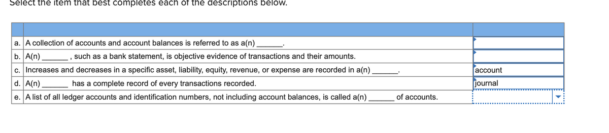 Select the item that best completes each of the descriptions below.
a. A collection of accounts and account balances is referred to as a(n)
b. A(n).
such as a bank statement, is objective evidence of transactions and their amounts.
c. Increases and decreases in a specific asset, liability, equity, revenue, or expense are recorded in a(n)
d. A(n) _
асcount
has a complete record of every transactions recorded.
journal
e. A list of all ledger accounts and identification numbers, not including account balances, is called a(n).
of accounts.
