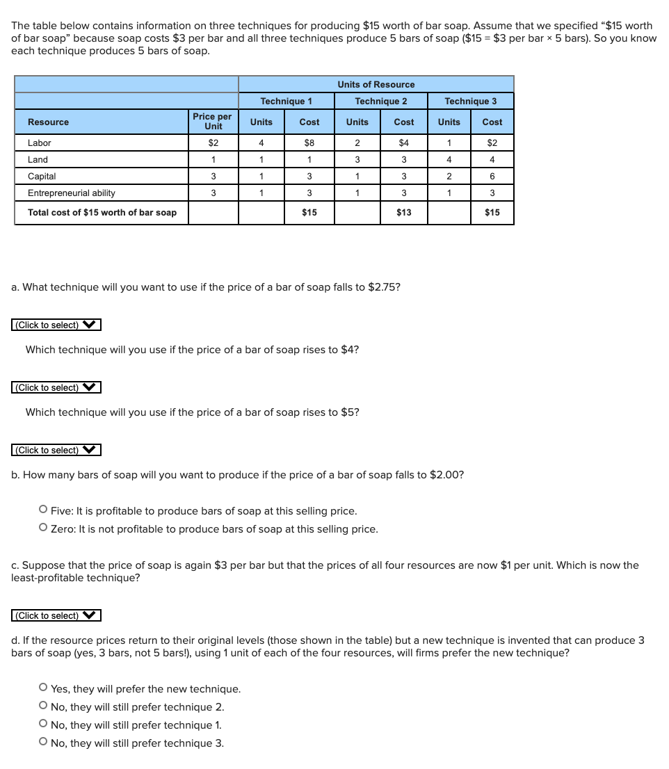 The table below contains information on three techniques for producing $15 worth of bar soap. Assume that we specified "$15 worth
of bar soap" because soap costs $3 per bar and all three techniques produce 5 bars of soap ($15 = $3 per bar x 5 bars). So you know
each technique produces 5 bars of soap.
Units of Resource
Technique 1
Technique 2
Technique 3
Price per
Unit
Resource
Units
Cost
Units
Cost
Units
Cost
Labor
$2
4
$8
2
$4
$2
Land
1
1
1
3
3
4
4
Capital
3
3
1
3
2
Entrepreneurial ability
3
3
3
1
3
Total cost of $15 worth of bar soap
$15
$13
$15
a. What technique will you want to use if the price of a bar of soap falls to $2.75?
|(Click to select) V
Which technique will you use if the price of a bar of soap rises to $4?
(Click to select)
) V
Which technique will you use if the price of a bar of soap rises to $5?
(Click to select)
b. How many bars of soap will you want to produce if the price of a bar of soap falls to $2.00?
O Five: It is profitable to produce bars of soap at this selling price.
O Zero: It is not profitable to produce bars of soap at this selling price.
c. Suppose that the price of soap is again $3 per bar but that the prices of all four resources are now $1 per unit. Which is now the
least-profitable technique?
(Click to select) V
d. If the resource prices return to their original levels (those shown in the table) but a new technique is invented that can produce 3
bars of soap (yes, 3 bars, not 5 bars!), using 1 unit of each of the four resources, will firms prefer the new technique?
O Yes, they will prefer the new technique.
O No, they will still prefer technique 2.
O No, they will still prefer technique 1.
O No, they will still prefer technique 3.
