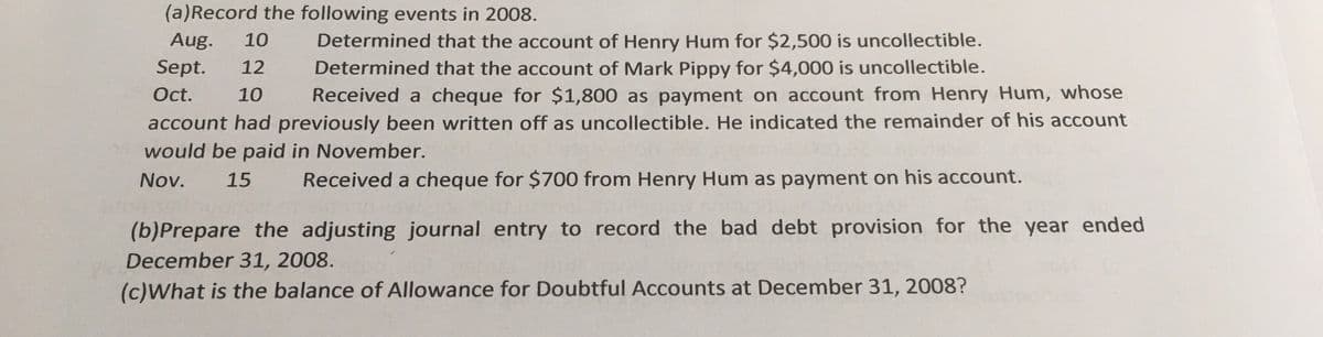 (a)Record the following events in 2008.
Determined that the account of Henry Hum for $2,500 is uncollectible.
Determined that the account of Mark Pippy for $4,000 is uncollectible.
Received a cheque for $1,800 as payment on account from Henry Hum, whose
Aug.
10
Sept.
12
Oct.
10
account had previously been written off as uncollectible. He indicated the remainder of his account
would be paid in November.
Nov.
15
Received a cheque for $700 from Henry Hum as payment on his account.
(b)Prepare the adjusting journal entry to record the bad debt provision for the year ended
December 31, 2008.
(c)What is the balance of Allowance for Doubtful Accounts at December 31, 2008?
