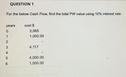 QUESTION 1
For the below Cash Flow, find the total PW value using 10% interest rate
years
cost $
3,065
1
1,000.00
2
4,117
4,000.00
1,000.00
3456
