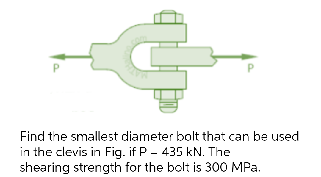 P
Find the smallest diameter bolt that can be used
in the clevis in Fig. if P = 435 kN. The
shearing strength for the bolt is 300 MPa.
%3D
