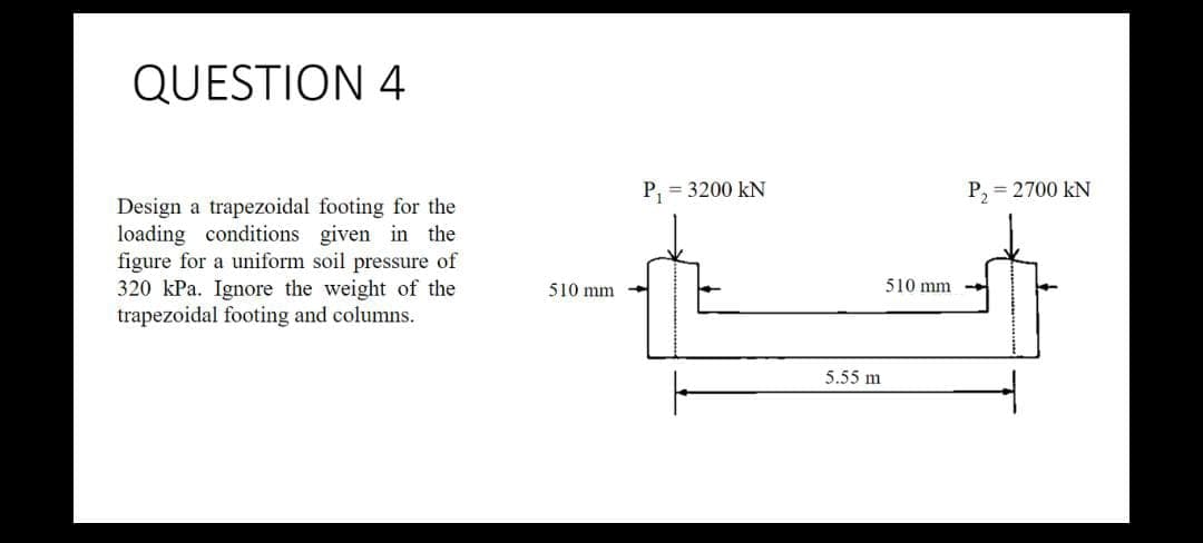QUESTION 4
Design a trapezoidal footing for the
loading conditions given in the
figure for a uniform soil pressure of
320 kPa. Ignore the weight of the
trapezoidal footing and columns.
510 mm
P₁ = 3200 KN
5.55 m
510 mm
P, = 2700 KN
