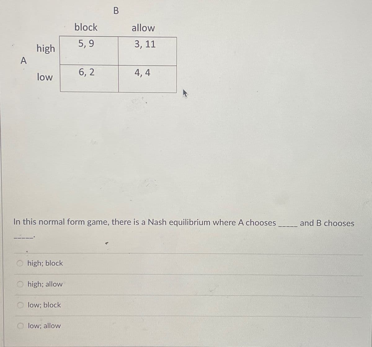 B
block
allow
5,9
3, 11
high
A
6,2
4,4
low
In this normal form game, there is a Nash equilibrium where A chooses
high; block
high; allow
low; block
low; allow
and B chooses