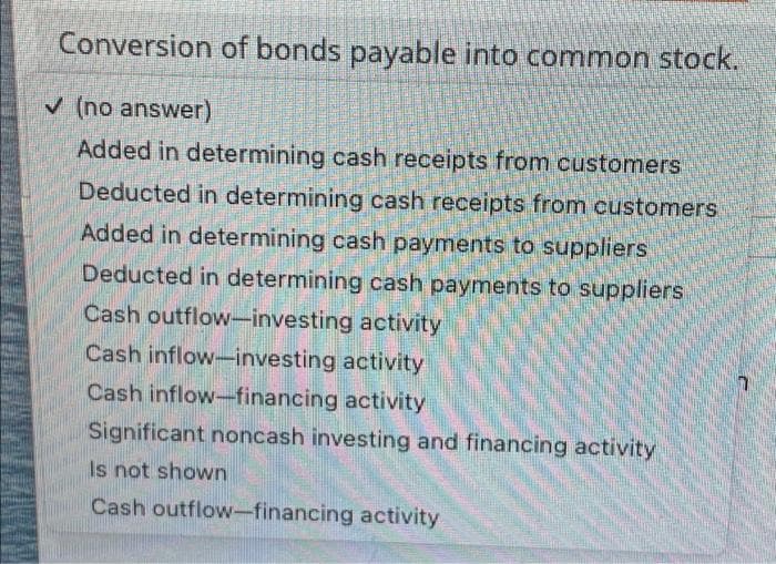 Conversion of bonds payable into common stock.
✓ (no answer)
Added in determining cash receipts from customers
Deducted in determining cash receipts from customers
Added in determining cash payments to suppliers
Deducted in determining cash payments to suppliers
Cash outflow-investing activity
Cash inflow-investing activity
Cash inflow-financing activity
Significant noncash investing and financing activity
Is not shown
Cash outflow-financing activity