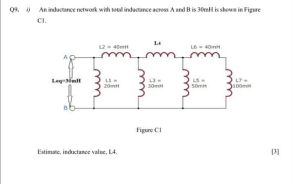 Q9. i) An inductance network with total inductance across A and B is 30mH is shown in Figure
CI.
L4
L2 = 40mH
L6 = 40mH
Leq-30mH
L1=
20mH
L5
50MH
100mH
30mH
B.
Figure C1
Estimate, inductance value, L4.
[3]

