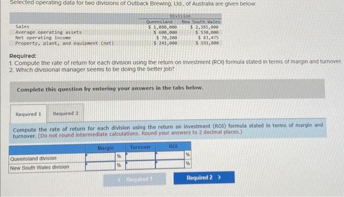 Selected operating data for two divisions of Outback Brewing, Ltd., of Australia are given below.
Division
Sales
Average operating assets
Net operating income
Property, plant, and equipment (net)
Required:
1. Compute the rate of return for each division using the return on investment (ROI) formula stated in terms of margin and turnover
2. Which divisional manager seems to be doing the better job?
Complete this question by entering your answers in the tabs below.
Queensland division
New South Wales division
Queensland
$ 1,080,000
$ 600,000
$ 70,200
$ 241,000
Required 1 Required 2
Compute the rate of return for each division using the return on investment (ROI) formula stated in terms of margin and
turnover. (Do not round intermediate calculations. Round your answers to 2 decimal places.)
Margin
%
Turnover
New South Wales
$ 2,385,000
$530,000
$ 83,475
$191,000
Required 1
ROI
Required 2 >