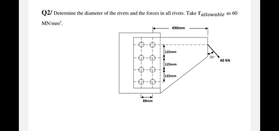 02/ Determine the diameter of the rivets and the forces in all rivets. Take Tallowable as 60
MN/mm?.
490mm
125mm
30.
40 KN
125mm
.-6
125mm
88mm
0-0-0-0
