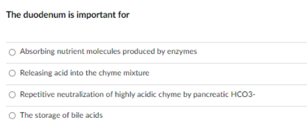 The duodenum is important for
Absorbing nutrient molecules produced by enzymes
Releasing acid into the chyme mixture
Repetitive neutralization of highly acidic chyme by pancreatic HCO3-
The storage of bile acids