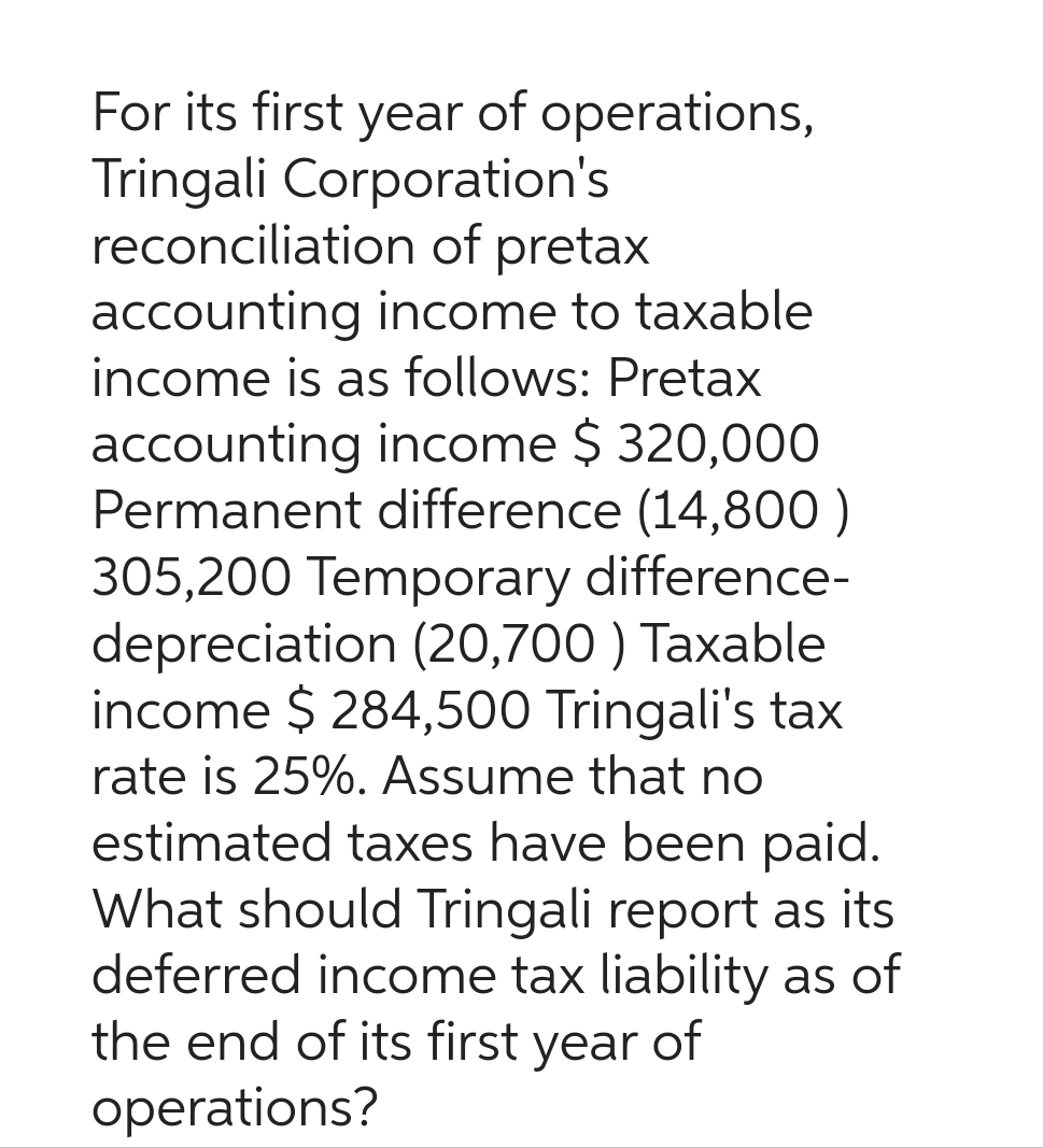 For its first year of operations,
Tringali Corporation's
reconciliation of pretax
accounting income to taxable
income is as follows: Pretax
accounting income $ 320,000
Permanent difference (14,800)
305,200 Temporary difference-
depreciation (20,700 ) Taxable
income $284,500 Tringali's tax
rate is 25%. Assume that no
estimated taxes have been paid.
What should Tringali report as its
deferred income tax liability as of
the end of its first year of
operations?
