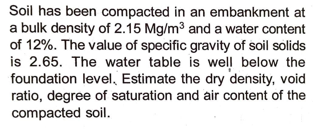 Soil has been compacted in an embankment at
a bulk density of 2.15 Mg/m3 and a water content
of 12%. The value of specific gravity of soil solids
is 2.65. The water table is well below the
foundation level, Estimate the dry density, void
ratio, degree of saturation and air content of the
compacted soil.
