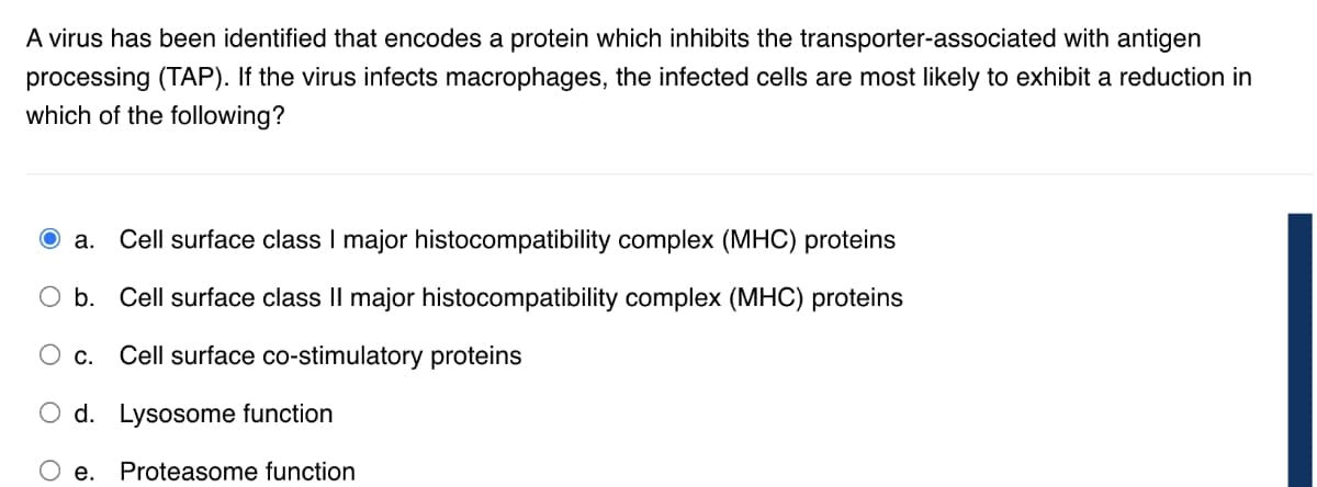 A virus has been identified that encodes a protein which inhibits the transporter-associated with antigen
processing (TAP). If the virus infects macrophages, the infected cells are most likely to exhibit a reduction in
which of the following?
Cell surface class I major histocompatibility complex (MHC) proteins
O a.
b. Cell surface class II major histocompatibility complex (MHC) proteins
Ос.
Cell surface co-stimulatory proteins
O d. Lysosome function
е.
Proteasome function
