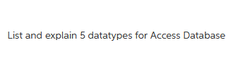 List and explain 5 datatypes for Access Database