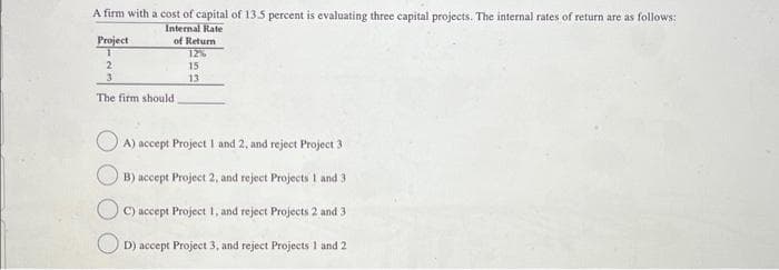 A firm with a cost of capital of 13.5 percent is evaluating three capital projects. The internal rates of return are as follows:
Internal Rate
of Return
12%
Project
1
2
3
The firm should
15
13
A) accept Project 1 and 2, and reject Project 3
B) accept Project 2, and reject Projects 1 and 3
C) accept Project 1, and reject Projects 2 and 3
D) accept Project 3, and reject Projects 1 and 2
