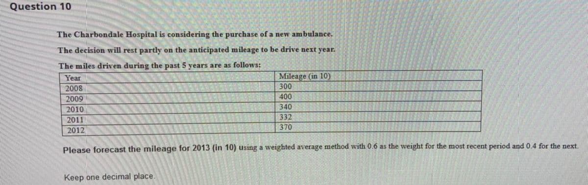 Question 10
The Charbondale Hospital is considering the purchase of a new ambulance.
The decision will rest partly on the anticipated mileage to be drive next year.
The miles driven during the past 5 years are as follows:
Year
Mileage (in 10)
2008
300
2009
400
2010
340
2011
332
370
2012
Please forecast the mileage for 2013 (in 10) using a weighted average method with 0.6 as the weight for the most recent period and 0.4 for the next.
Keep one decimal place.
