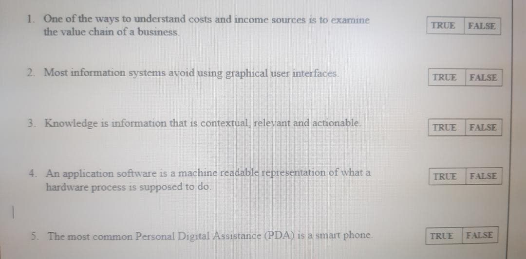 1. One of the ways to understand costs and income sources is to examine
TRUE
FALSE
the value chain of a business.
2. Most information systems avoid using graphical user interfaces.
TRUE
FALSE
3. Knowledge is information that is contextual relevant and actionable.
TRUE
FALSE
4. An application software is a machine readable representation of what a
hardware process is supposed to do.
TRUE
FALSE
5. The most common Personal Digital Assistance (PDA) is a smart phone.
TRUE
FALSE
