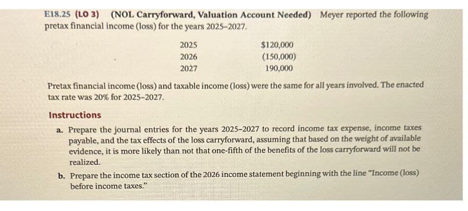 E18.25 (LO 3) (NOL Carryforward, Valuation Account Needed) Meyer reported the following
pretax financial income (loss) for the years 2025-2027.
2025
2026
2027
$120,000
(150,000)
190,000
Pretax financial income (loss) and taxable income (loss) were the same for all years involved. The enacted
tax rate was 20% for 2025-2027.
Instructions
a. Prepare the journal entries for the years 2025-2027 to record income tax expense, income taxes
payable, and the tax effects of the loss carryforward, assuming that based on the weight of available
evidence, it is more likely than not that one-fifth of the benefits of the loss carryforward will not be
realized.
b. Prepare the income tax section of the 2026 income statement beginning with the line "Income (loss)
before income taxes."