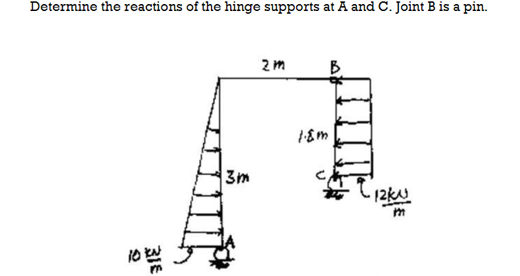 Determine the reactions of the hinge supports at A and C. Joint B is a pin.
10 KN
m
3m
2m
1.8m
-12ku