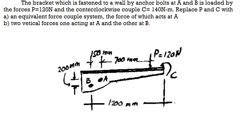 The bracket which is fastened to a wall by anchor bolts at A and B is loaded by
the forces P=120N and the conterclockwise couple C= 140N-m. Replace P and C with
a) an equivalent force couple system, the force of which acts at A
b) two vetical forces one acting at A and the other at B.
200mm
150 mm
+ 700 mm.
B A
+ 1200 mm
P=120N
Dc
ㅗ