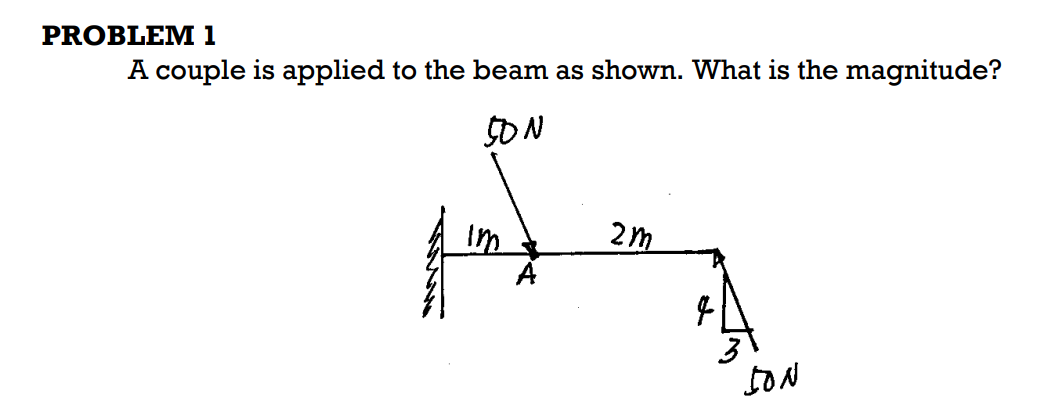 PROBLEM 1
A couple is applied to the beam as shown. What is the magnitude?
SON
Im
A
2m
&
SON