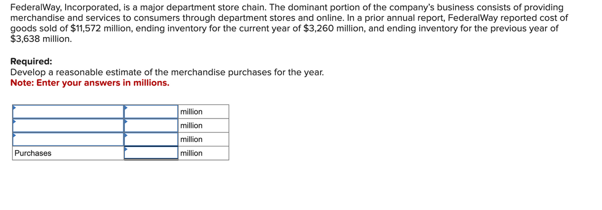 Federal Way, Incorporated, is a major department store chain. The dominant portion of the company's business consists of providing
merchandise and services to consumers through department stores and online. In a prior annual report, Federal Way reported cost of
goods sold of $11,572 million, ending inventory for the current year of $3,260 million, and ending inventory for the previous year of
$3,638 million.
Required:
Develop a reasonable estimate of the merchandise purchases for the year.
Note: Enter your answers in millions.
Purchases
million
million
million
million