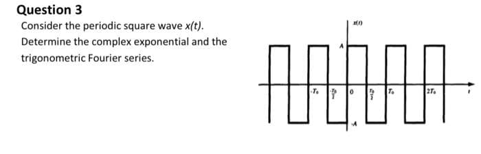 Question 3
Consider the periodic square wave x(t).
Determine the complex exponential and the
trigonometric Fourier series.
x(1)
Antina