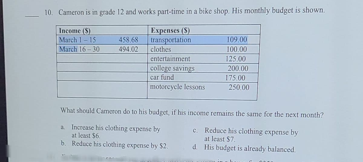 10. Cameron is in grade 12 and works part-time in a bike shop. His monthly budget is shown.
Expenses ($)
transportation
clothes
Income ($)
March 1-15
458.68
109.00
March 16-30
494.02
100.00
entertainment
125.00
college savings
200.00
car fund
175.00
motorcycle lessons
250.00
What should Cameron do to his budget, if his income remains the same for the next month?
a. Increase his clothing expense by
at least $6.
b. Reduce his clothing expense by $2.
c. Reduce his clothing expense by
at least $7.
d. His budget is already balanced.

