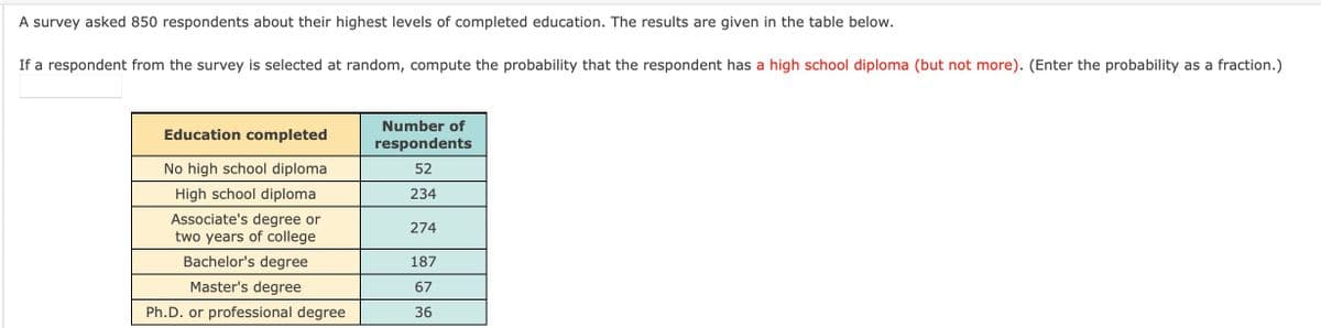A survey asked 850 respondents about their highest levels of completed education. The results are given in the table below.
If a respondent from the survey is selected at random, compute the probability that the respondent has a high school diploma (but not more). (Enter the probability as a fraction.)
Education completed
No high school diploma
High school diploma
Associate's degree or
two years of college
Bachelor's degree
Master's degree
Ph.D. or professional degree
Number of
respondents
52
234
274
187
67
36