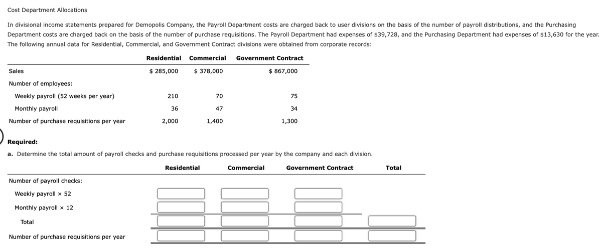 Cost Department Allocations
In divisional income statements prepared for Demopolis Company, the Payroll Department costs are charged back to user divisions on the basis of the number of payroll distributions, and the Purchasing
Department costs are charged back on the basis of the number of purchase requisitions. The Payroll Department had expenses of $39,728, and the Purchasing Department had expenses of $13,630 for the year.
The following annual data for Residential, Commercial, and Government Contract divisions were obtained from corporate records:
Residential
Commercial
Government Contract
Sales
$ 285,000
$ 378,000
$ 867,000
Number of employees:
Weekly payroll (52 weeks per year)
210
70
75
Monthly payroll
36
47
34
Number of purchase requisitions per year
2,000
1,400
1,300
Required:
a. Determine the total amount of payroll checks and purchase requisitions processed per year by the company and each division.
Residential
Commercial
Government Contract
Total
Number of payroll checks:
Weekly payroll x 52
Monthly payroll x 12
Total
Number of purchase requisitions per year
