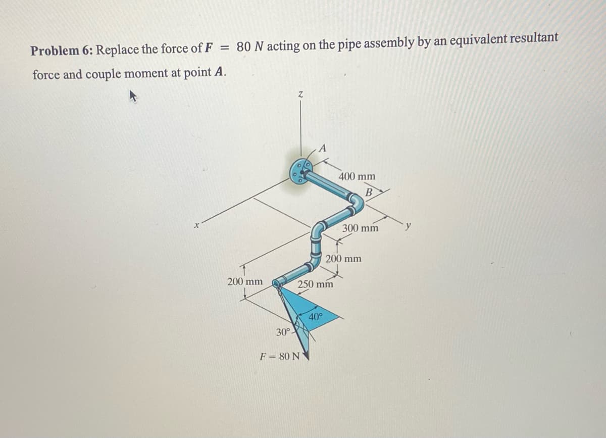 Problem 6: Replace the force of F = 80 N acting on the pipe assembly by an equivalent resultant
force and couple moment at point A.
A
400 mm
300 mm
200 mm
200 mm
250 mm
40°
30°
F = 80 N N
