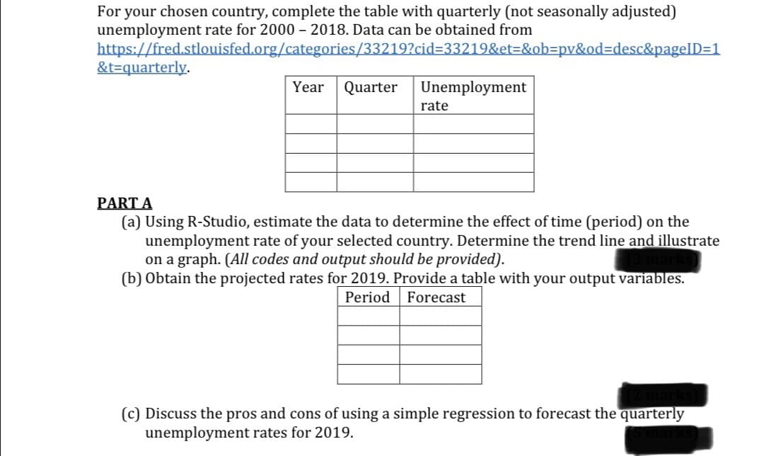 For your chosen country, complete the table with quarterly (not seasonally adjusted)
unemployment rate for 2000 - 2018. Data can be obtained from
https://fred.stlouisfed.org/categories/33219?cid=33219&et=&ob=pv&od=desc&pageID=1
&t=quarterly.
Year Quarter Unemployment
rate
PART A
(a) Using R-Studio, estimate the data to determine the effect of time (period) on the
unemployment rate of your selected country. Determine the trend line and illustrate
on a graph. (All codes and output should be provided).
(b) Obtain the projected rates for 2019. Provide a table with your output variables.
Period Forecast
(c) Discuss the pros and cons of using a simple regression to forecast the quarterly
unemployment rates for 2019.