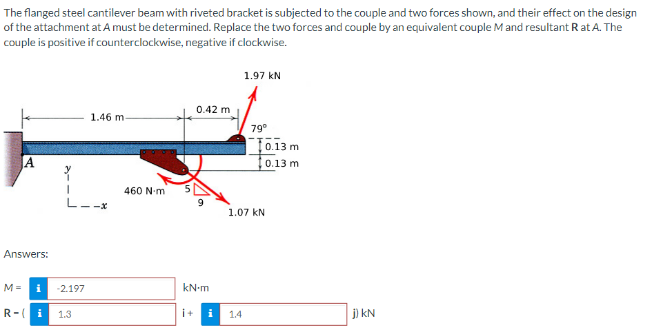 The flanged steel cantilever beam with riveted bracket is subjected to the couple and two forces shown, and their effect on the design
of the attachment at A must be determined. Replace the two forces and couple by an equivalent couple M and resultant R at A. The
couple is positive if counterclockwise, negative if clockwise.
A
Answers:
M =
i
R=(i
L--x
-2.197
1.46 m.
1.3
460 N.m
5
0.42 m
9
kN.m
1.97 KN
i+ i 1.4
79⁰
1.07 KN
0.13 m
0.13 m
j) kN