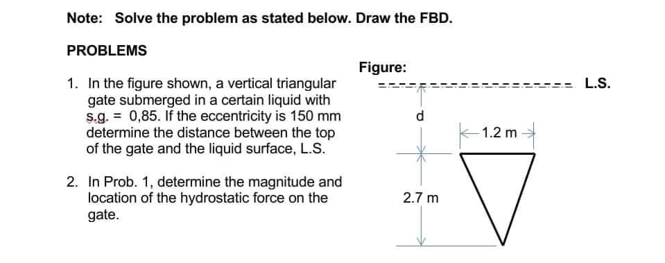 Note: Solve the problem as stated below. Draw the FBD.
PROBLEMS
Figure:
1. In the figure shown, a vertical triangular
gate submerged in a certain liquid with
s.g. = 0,85. If the eccentricity is 150 mm
determine the distance between the top
of the gate and the liquid surface, L.S.
L.S.
d.
1.2 m
2. In Prob. 1, determine the magnitude and
location of the hydrostatic force on the
gate.
2.7 m
Il
