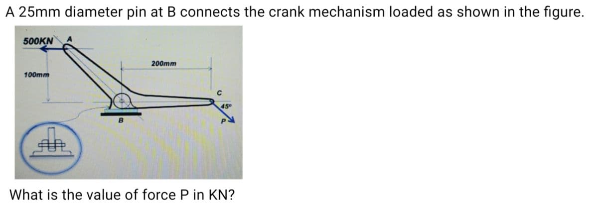 A 25mm diameter pin at B connects the crank mechanism loaded as shown in the figure.
500KN
200mm
100mm
45
B
What is the value of force P in KN?

