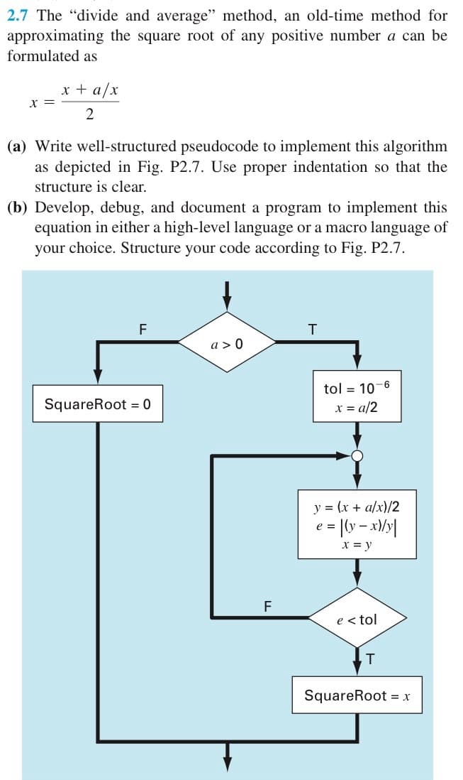 2.7 The "divide and average" method, an old-time method for
approximating the square root of any positive number a can be
formulated as
x =
x + a/x
2
(a) Write well-structured pseudocode to implement this algorithm
as depicted in Fig. P2.7. Use proper indentation so that the
structure is clear.
(b) Develop, debug, and document a program to implement this
equation in either a high-level language or a macro language of
your choice. Structure your code according to Fig. P2.7.
F
SquareRoot = 0
T
a > 0
tol = 10-6
x = a/2
y = (x + a/x)/2
| = |(y = x)/y||
e
x = y
F
e < tol
T
SquareRoot = x