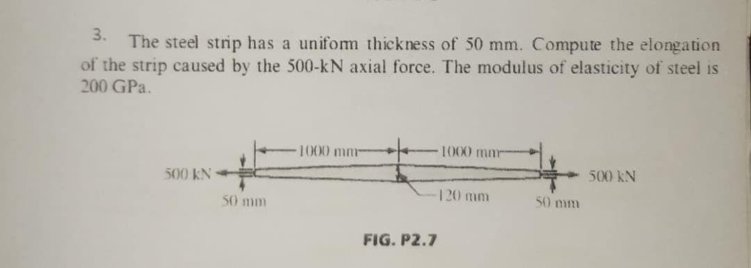 The steel strip has a unifom thickness of 50 mm. Compute the elongation
of the strip caused by the 500-kN axial force. The modulus of elasticity of steel is
200 GPa.
3.
1000 mm-
1000 mmr
500KN
500 kN
120 mm
50 mm
50 mm
FIG. P2.7
