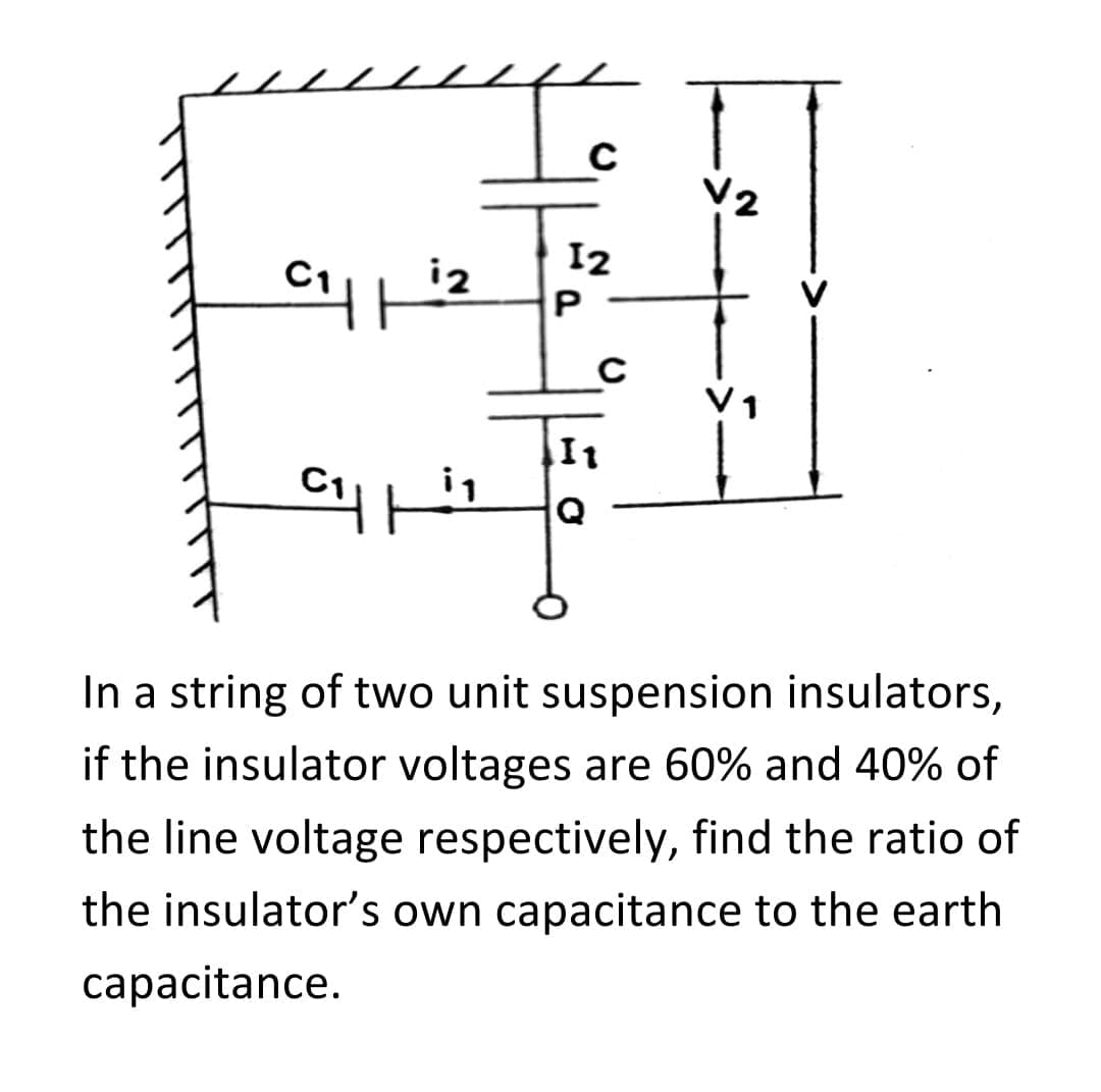 To
12
P
C₁2
C
It
Gilli Q
12
V1
In a string of two unit suspension insulators,
if the insulator voltages are 60% and 40% of
the line voltage respectively, find the ratio of
the insulator's own capacitance to the earth
capacitance.