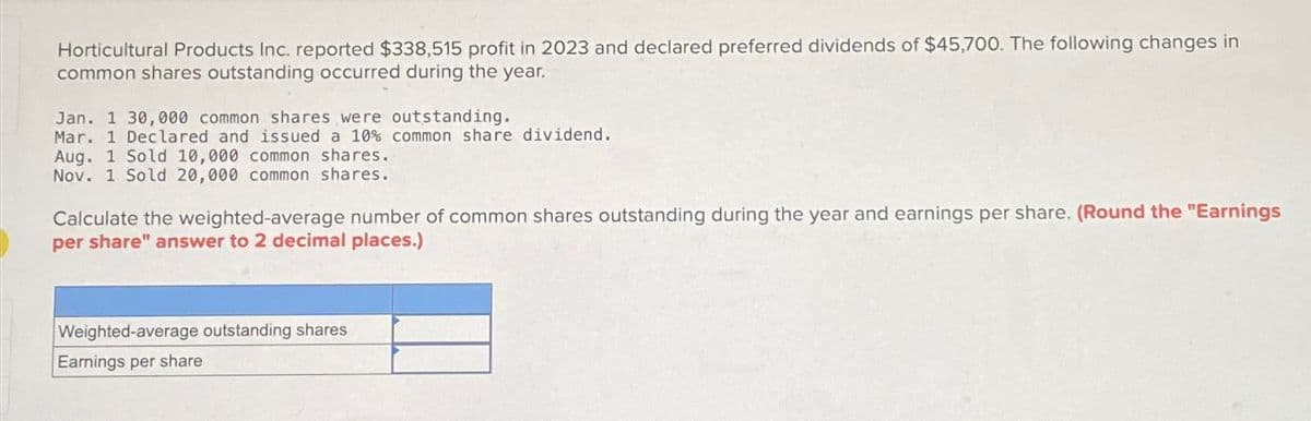 Horticultural Products Inc. reported $338,515 profit in 2023 and declared preferred dividends of $45,700. The following changes in
common shares outstanding occurred during the year.
Jan. 1 30,000 common shares were outstanding.
Mar. 1 Declared and issued a 10% common share dividend.
Aug. 1 Sold 10,000 common shares.
Nov. 1 Sold 20,000 common shares.
Calculate the weighted-average number of common shares outstanding during the year and earnings per share. (Round the "Earnings
per share" answer to 2 decimal places.)
Weighted-average outstanding shares
Earnings per share