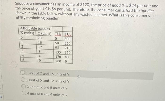 4
Suppose a consumer has an income of $120, the price of good X is $24 per unit and
the price of good Y is $6 per unit. Therefore, the consumer can afford the bundles
shown in the table below (without any wasted income). What is this consumer's
utility maximizing bundle?
Affordable bundles
X (units) Y (units) TU
0
20
0
50
95
135
170 80
200 0
1
2
3
4
5
16
12
8
4
0
TU
300
260
210
150
1 unit of X and 16 units of Y
2 unit of X and 12 units of Y
3 unit of X and 8 units of Y
4 unit of X and 4 units of Y