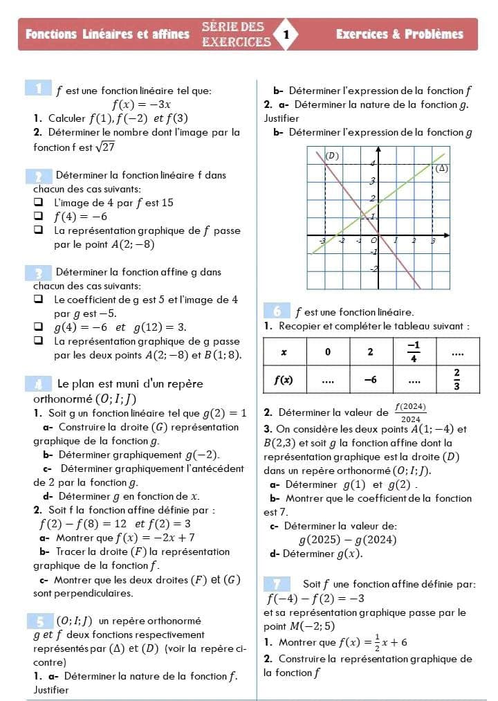 Fonctions Linéaires et affines
SERIE DES
EXERCICES
1
Exercices & Problèmes
f est une fonction linéaire tel que:
f(x)=-3x
1. Calculer f(1), f(-2) et f(3)
2. Déterminer le nombre dont l'image par la
fonction f est √√27
2 Déterminer la fonction linéaire f dans
chacun des cas suivants:
ㅁㅁㅁ
L'image de 4 par f est 15
f(4) = -6
La représentation graphique de f passe
par le point A(2; -8)
Déterminer la fonction affine g dans
chacun des cas suivants:
Le coefficient de g est 5 et l'image de 4
par gest-5.
g(4)=-6 et g(12) = 3.
La représentation graphique de g passe
par les deux points A(2; -8) et B (1; 8).
Le plan est muni d'un repère
orthonormé (O; I;])
1. Soit g un fonction linéaire tel que g(2) = 1
a- Construire la droite (G) représentation
graphique de la fonction g.
b- Déterminer graphiquement g(-2).
c- Déterminer graphiquement l'antécédent
de 2 par la fonction g.
d- Déterminer g en fonction de x.
2. Soit f la fonction affine définie par :
f(2) f(8) 12 et f(2) = 3
a- Montrer que f(x) = -2x+7
b- Tracer la droite (F) la représentation
graphique de la fonction f.
c- Montrer que les deux droites (F) et (G)
sont perpendiculaires.
5 (0;1;J) un repère orthonormé
get f deux fonctions respectivement
représentés par (4) et (D) (voir la repère ci-
contre)
1. a- Déterminer la nature de la fonction f.
Justifier
b- Déterminer l'expression de la fonction f
2. a- Déterminer la nature de la fonction g.
Justifier
b- Déterminer l'expression de la fonction g
(D)
3
2
6f est une fonction linéaire.
1. Recopier et compléter le tableau suivant :
x
0
2
f(x)
-6
2. Déterminer la valeur de
H÷4
+
f(2024)
2024
2
3. On considère les deux points A(1;-4) et
B(2,3) et soit g la fonction affine dont la
représentation graphique est la droite (D)
dans un repère orthonormé (O; I; J).
a- Déterminer g(1) et g(2).
b- Montrer que le coefficient de la fonction
est 7.
c- Déterminer la valeur de:
g(2025) - g (2024)
d- Déterminer g(x).
Soit f une fonction affine définie par:
f(-4) f(2)=-3
et sa représentation graphique passe par le
point M(-2; 5)
1. Montrer que f(x) = x+6
2. Construire la représentation graphique de
la fonction f