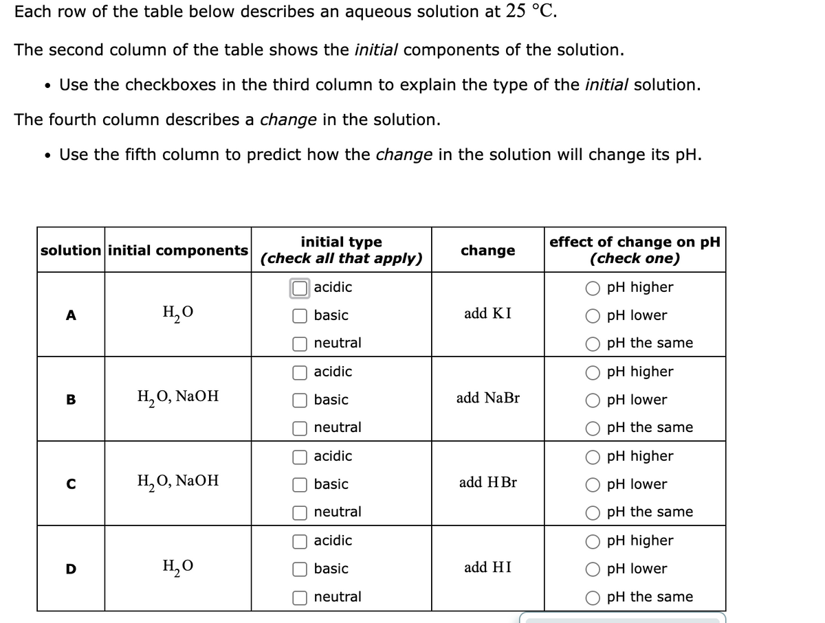 Each row of the table below describes an aqueous solution at 25 °C.
The second column of the table shows the initial components of the solution.
• Use the checkboxes in the third column to explain the type of the initial solution.
The fourth column describes a change in the solution.
• Use the fifth column to predict how the change in the solution will change its pH.
solution initial components
A
B
с
H₂O
H₂O, NaOH
H₂O, NaOH
H₂O
initial type
(check all that apply)
acidic
basic
neutral
acidic
basic
neutral
acidic
basic
neutral
acidic
basic
neutral
change
add KI
add NaBr
add H Br
add HI
effect of change on pH
(check one)
pH higher
pH lower
pH the same
pH higher
pH lower
pH the same
pH higher
pH lower
pH the same
pH higher
pH lower
pH the same