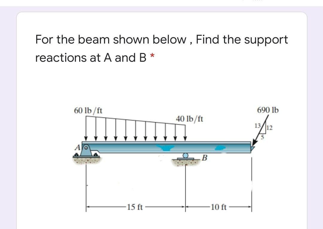For the beam shown below , Find the support
reactions at A and B
690 lb
60 lb/ft
40 lb/ft
13/12
5.
15 ft
10 ft
