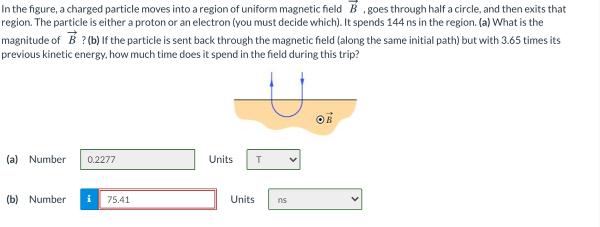 In the figure, a charged particle moves into a region of uniform magnetic field B ,goes through half a circle, and then exits that
region. The particle is either a proton or an electron (you must decide which). It spends 144 ns in the region. (a) What is the
magnitude of B ? (b) If the particle is sent back through the magnetic field (along the same initial path) but with 3.65 times its
previous kinetic energy, how much time does it spend in the field during this trip?
OB
(a) Number
0.2277
Units
(b) Number
i
75.41
Units
ns
